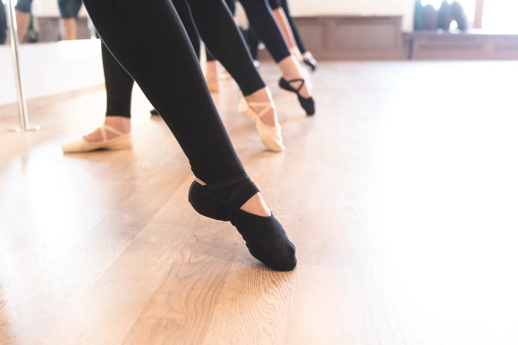 The elegant legs of ballet dancers standing in a row on their toes